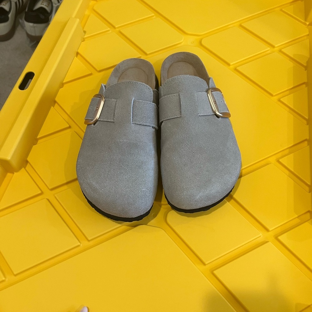 Project Cloud Gray Suede Buckle Clogs